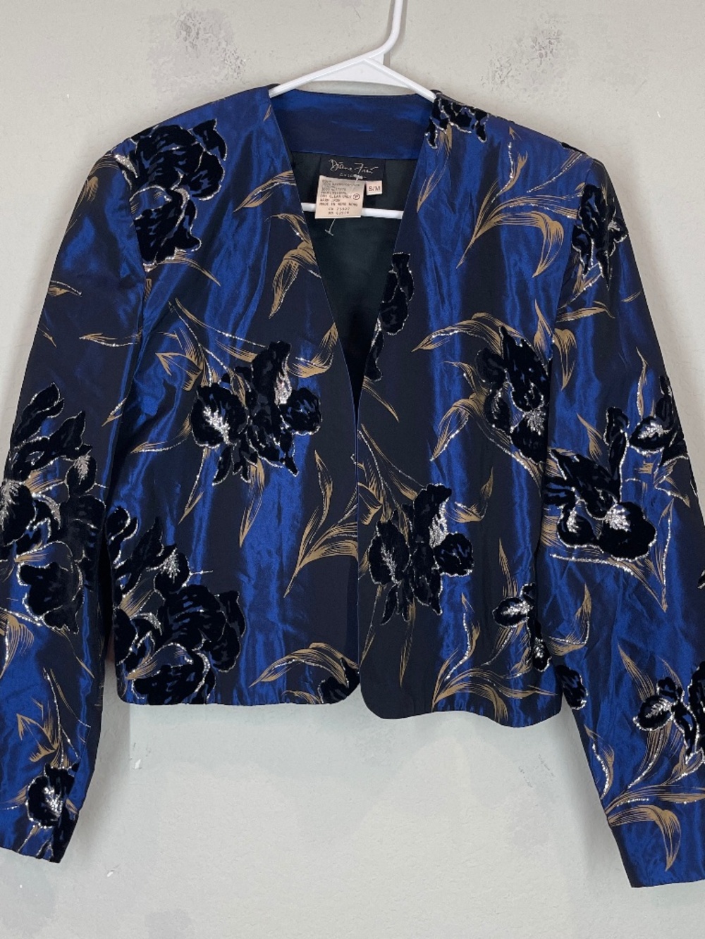 Vintage Diane Freis Floral Metallic Silver Jacket Open Blazer S/M Lined Blue